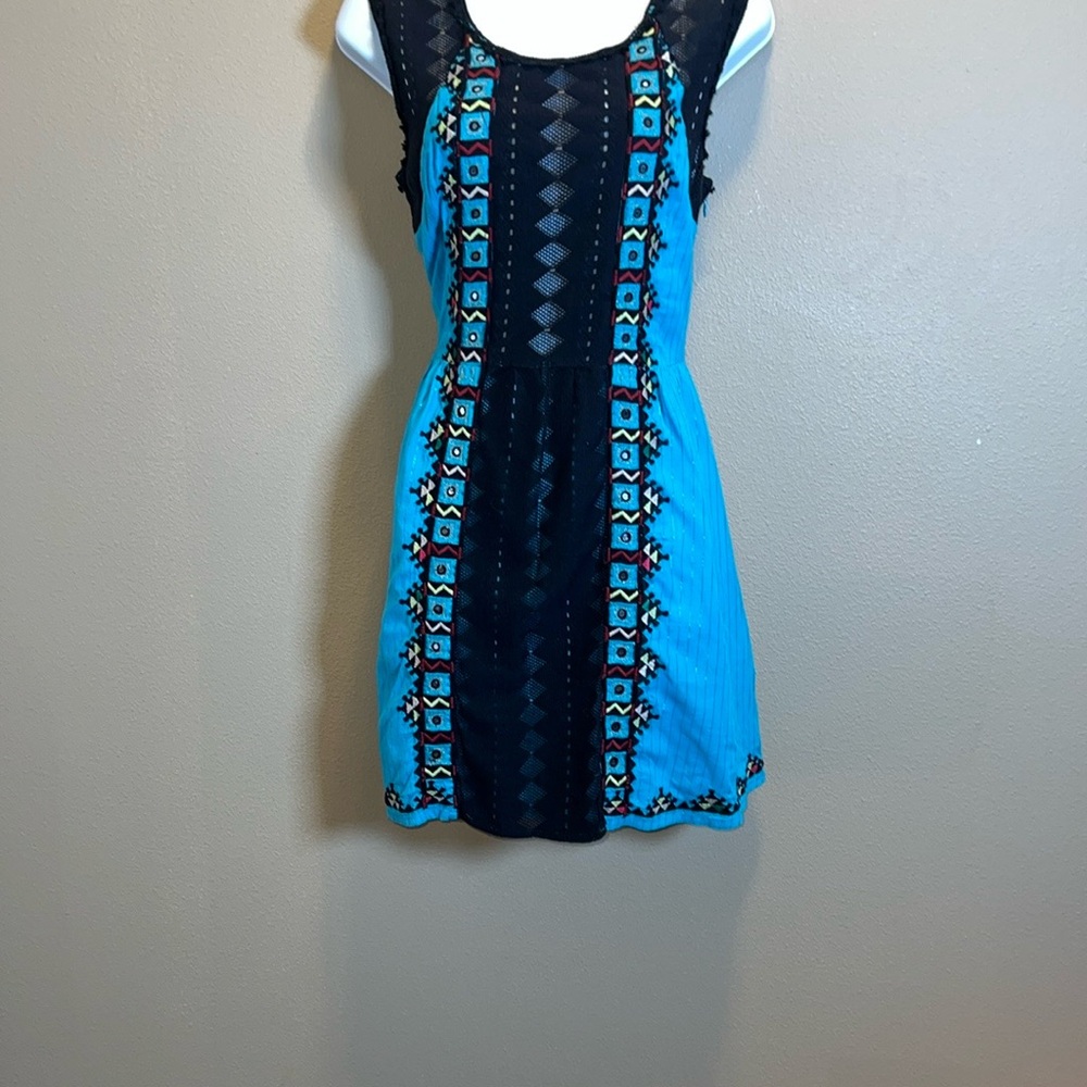 Free People Blue and Black Embroidered Mini Dress